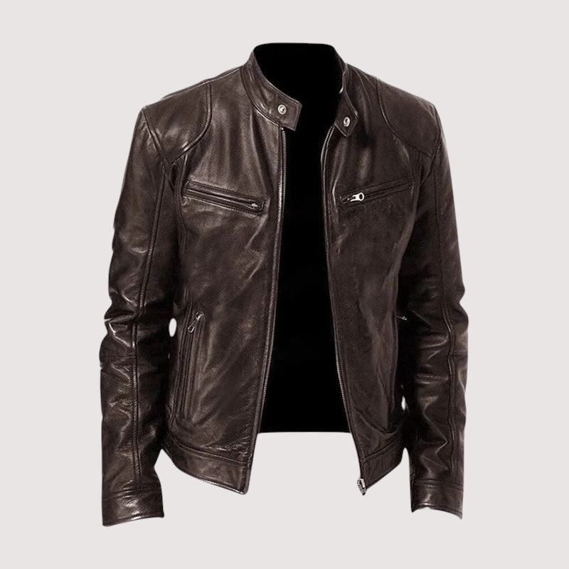 Men's dark brown leather jacket with zip-front, snap collar, and zip pockets