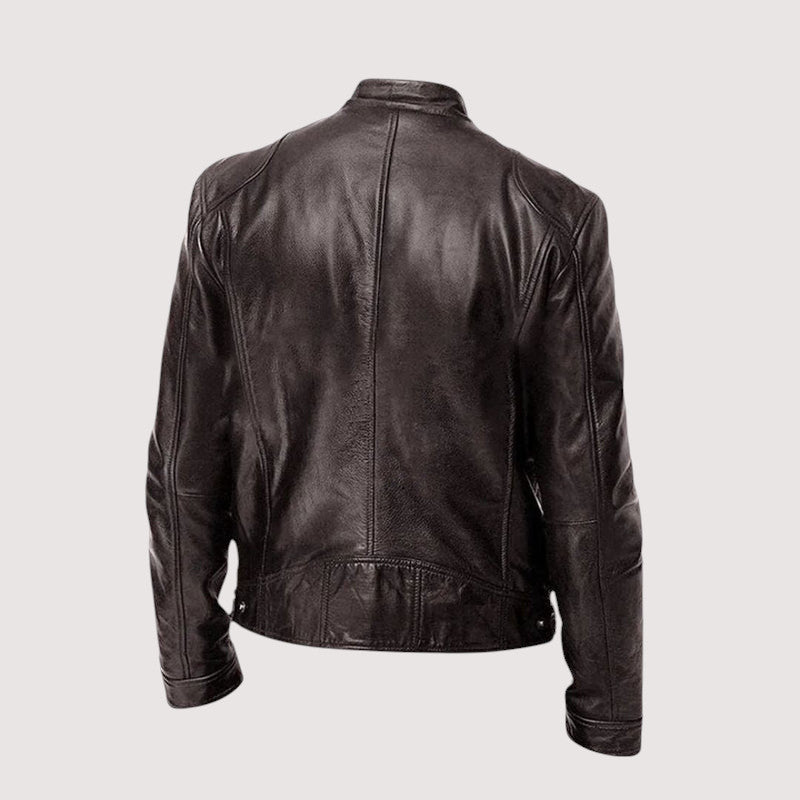Men's dark brown leather jacket back view with center seam and banded hem