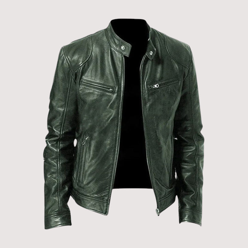 Men's dark green leather jacket with front zipper, snap collar, and zip pockets
