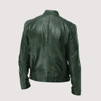 Men's dark green leather jacket back view with center seam and banded hem