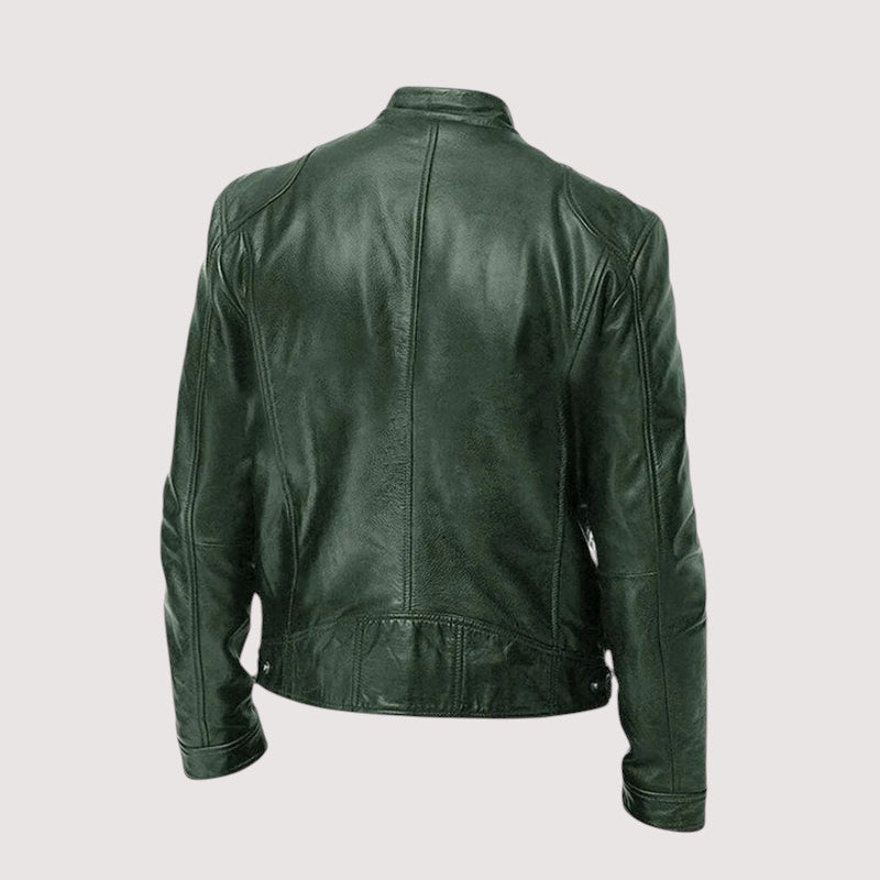 Men's dark green leather jacket back view with center seam and banded hem