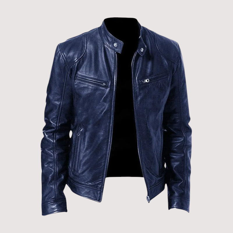 Men's dark blue leather jacket with front zipper, snap collar, and zip pockets