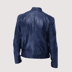 Men's dark blue leather jacket back view with center seam and banded hem
