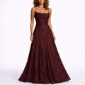 Women’s burgundy floral textured maxi dress with spaghetti straps and full gathered skirt