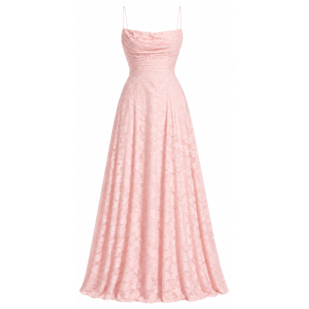 Women’s pale pink floral textured maxi dress on mannequin with spaghetti straps and flared skirt