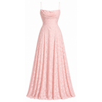 Women’s pale pink floral textured maxi dress on mannequin with spaghetti straps and flared skirt