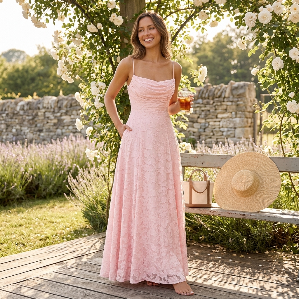 Rose pink floral textured maxi dress with spaghetti straps, full-length flowing skirt