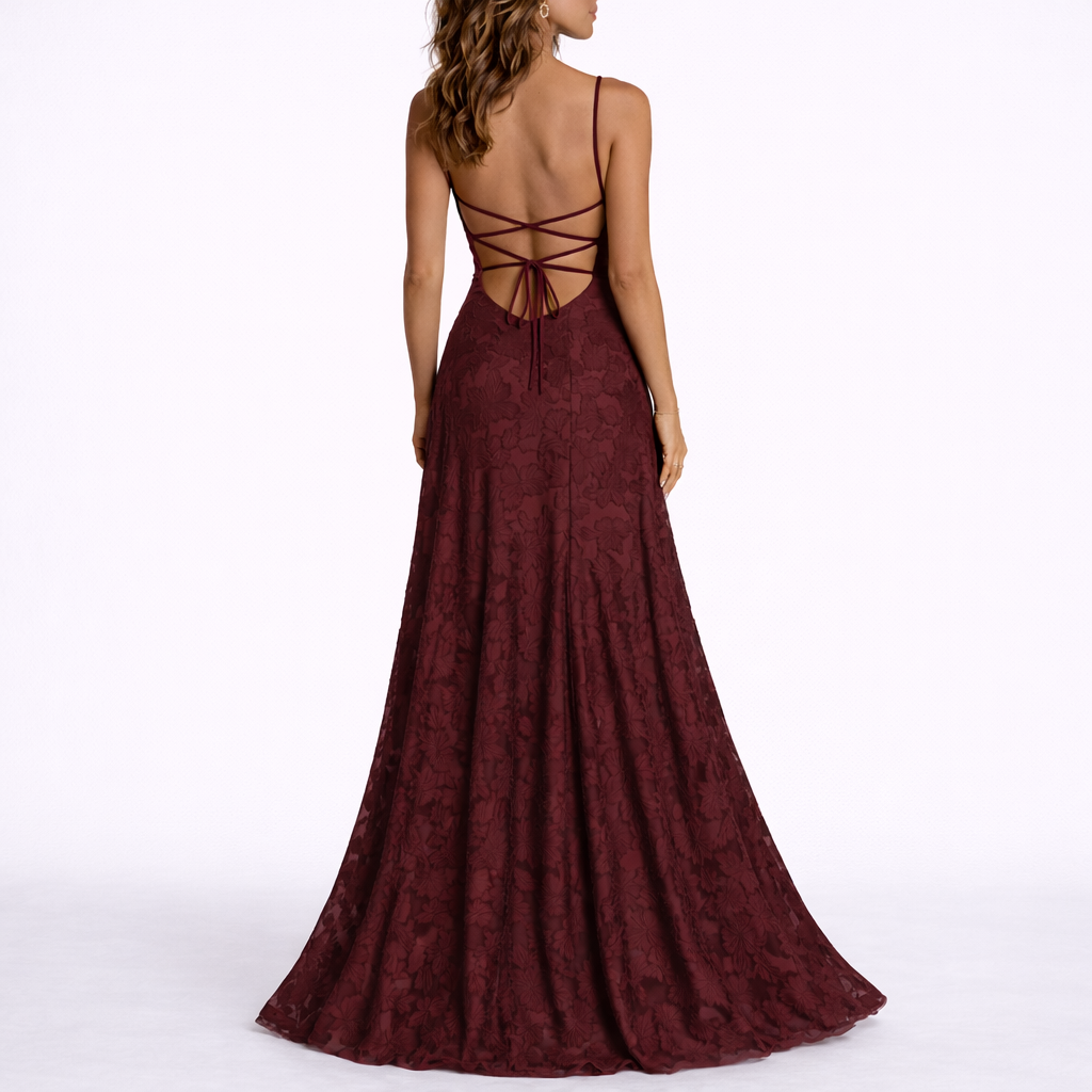 Women’s burgundy floral textured maxi dress, open back with crisscross tie straps
