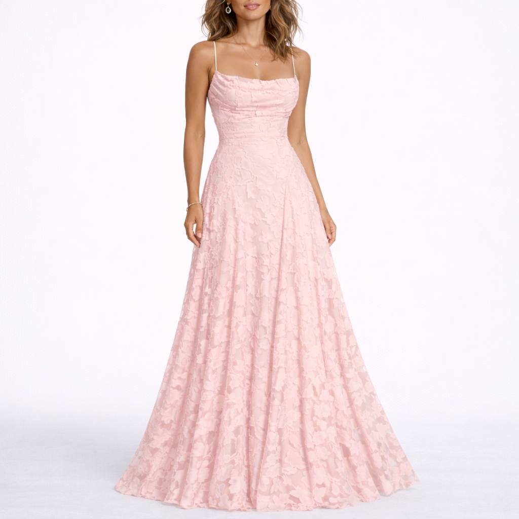 Women’s pale pink floral textured maxi dress with spaghetti straps and gathered A-line skirt