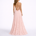Women’s pale pink floral textured maxi dress, open back with crisscross tie straps