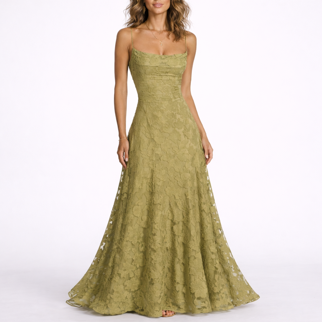 Women’s olive green floral textured maxi dress with spaghetti straps and flared gathered skirt