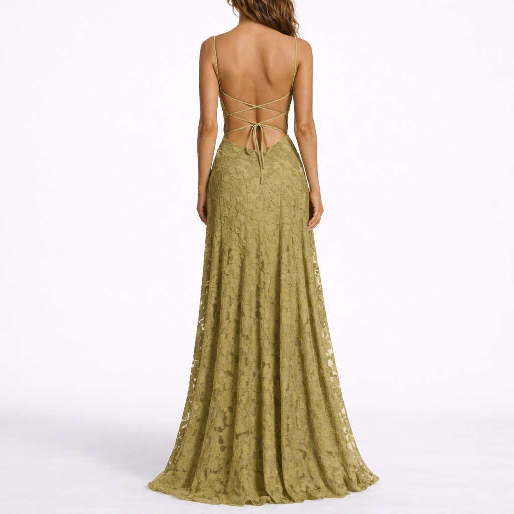 Women’s olive green floral textured maxi dress with open back crisscross tie straps
