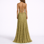 Women’s olive green floral textured maxi dress with open back crisscross tie straps
