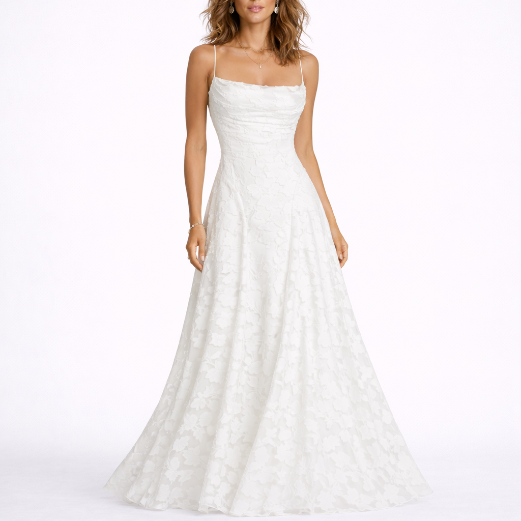 Women’s white floral textured maxi dress with spaghetti straps and full gathered skirt