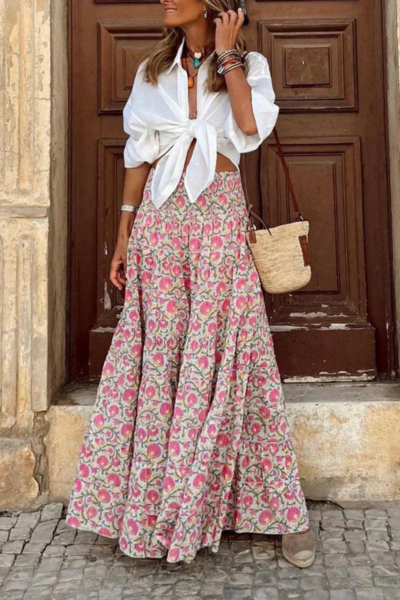 Women's cream maxi skirt with pink floral print, elastic waist, flowing long skirt
