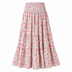 Floral maxi skirt with elastic waist, flowing gathered skirt in pink and red
