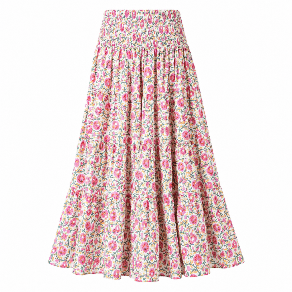 Floral maxi skirt with elastic waist, flowing gathered skirt in pink and red