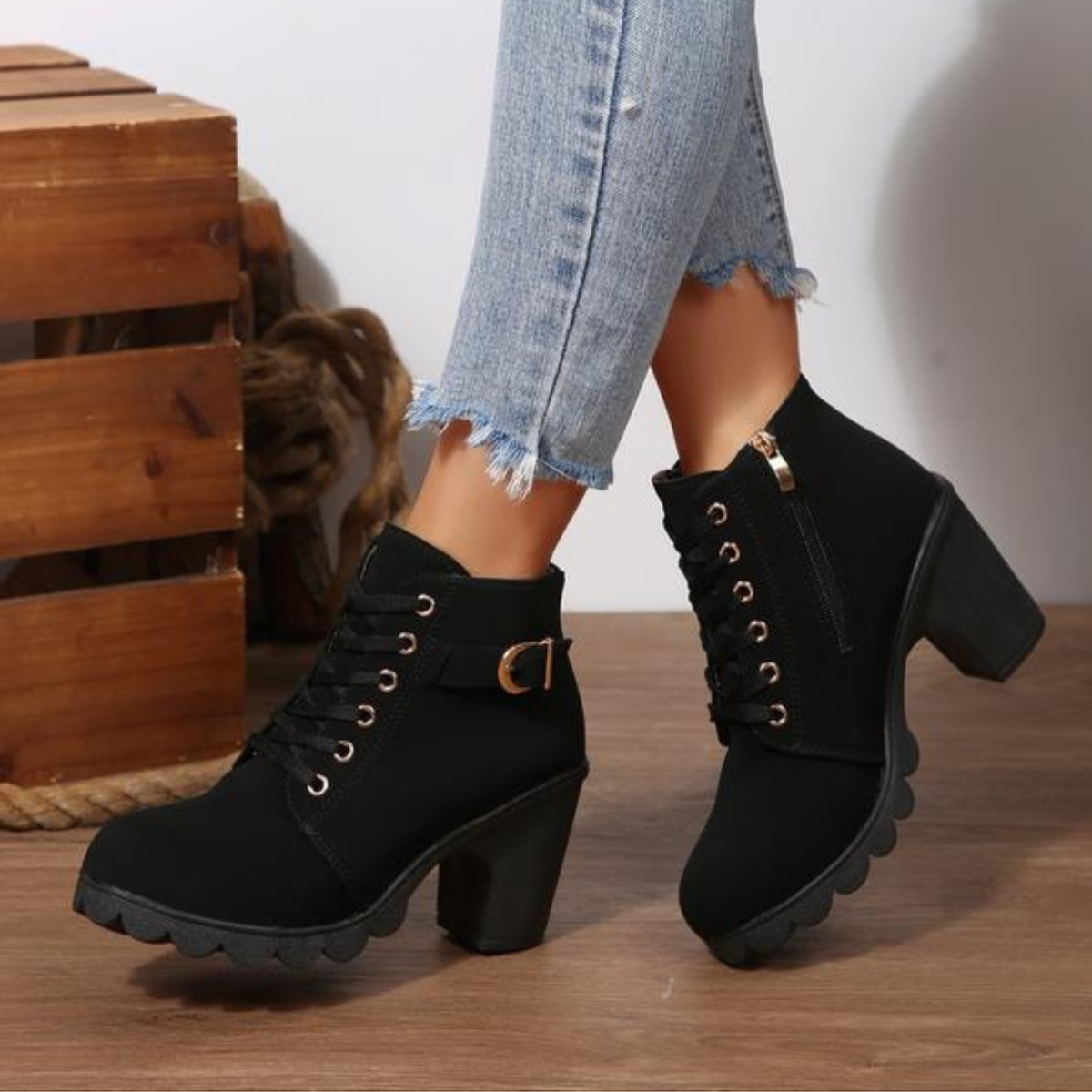 Women’s lace-up ankle boots, black suede, block heel and rugged tread sole