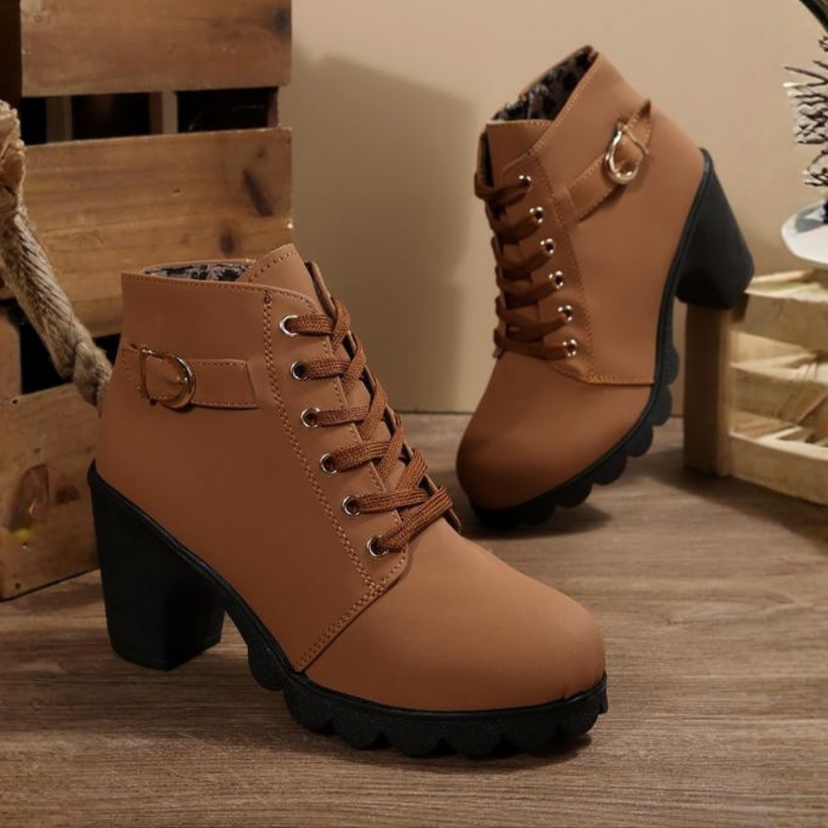 Women’s lace-up ankle boots in brown, block heel with lug tread sole