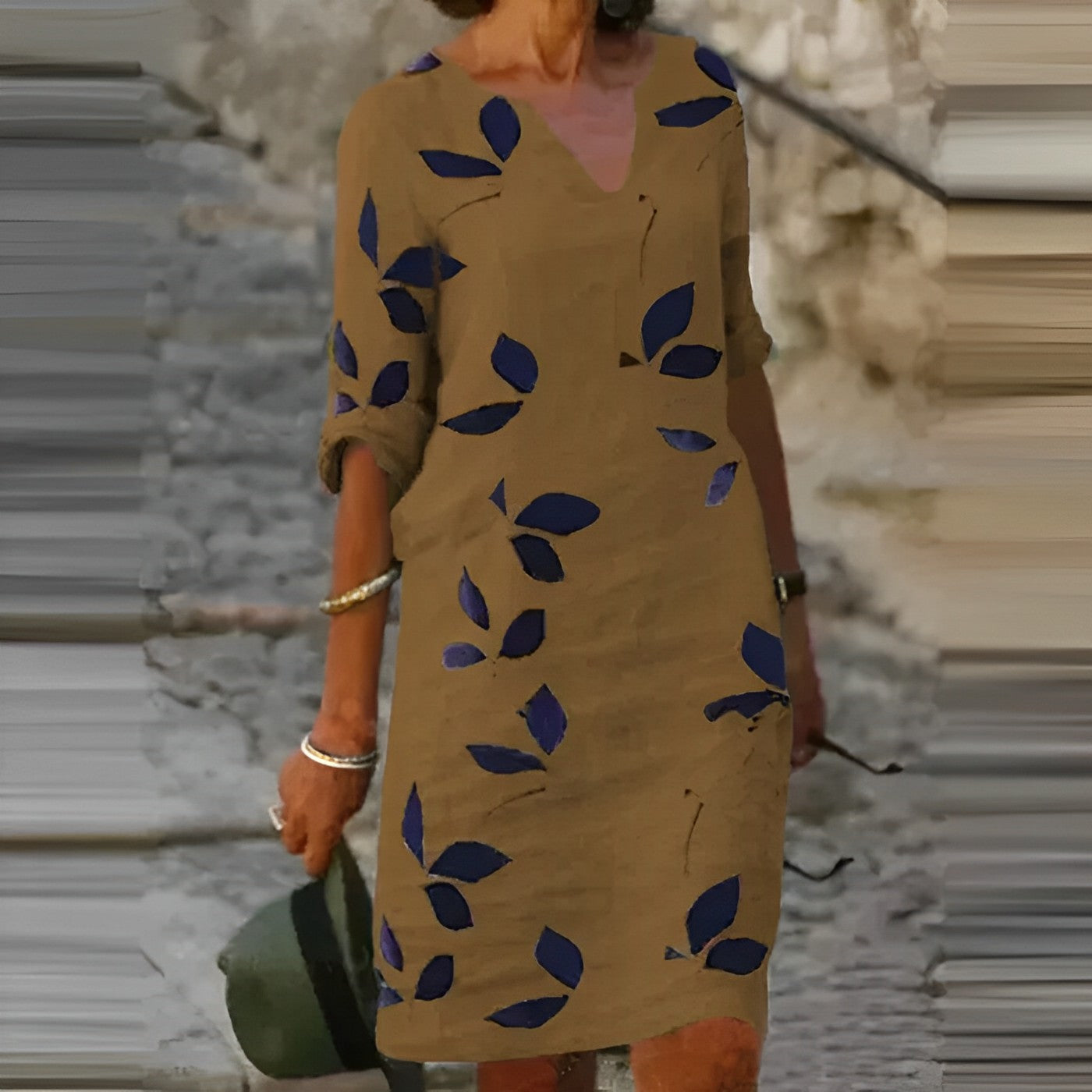 V-neck short-sleeve summer dress in tan with navy leaf print