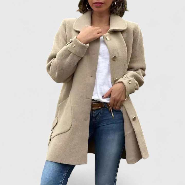 Khaki wool-blend coat with notched collar, button front and patch pockets