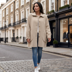 Women's oversized button-front coat with collared neckline and front pockets, khaki beige