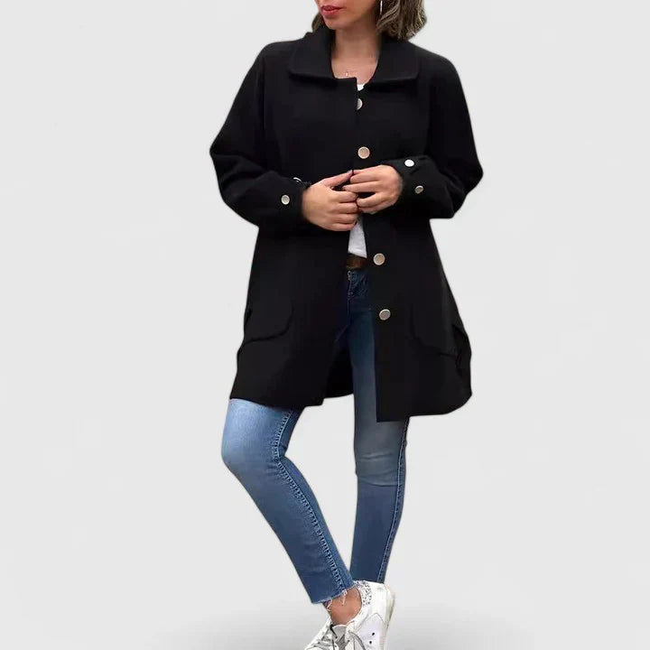 Black wool-blend coat with notched collar, button front and patch pockets