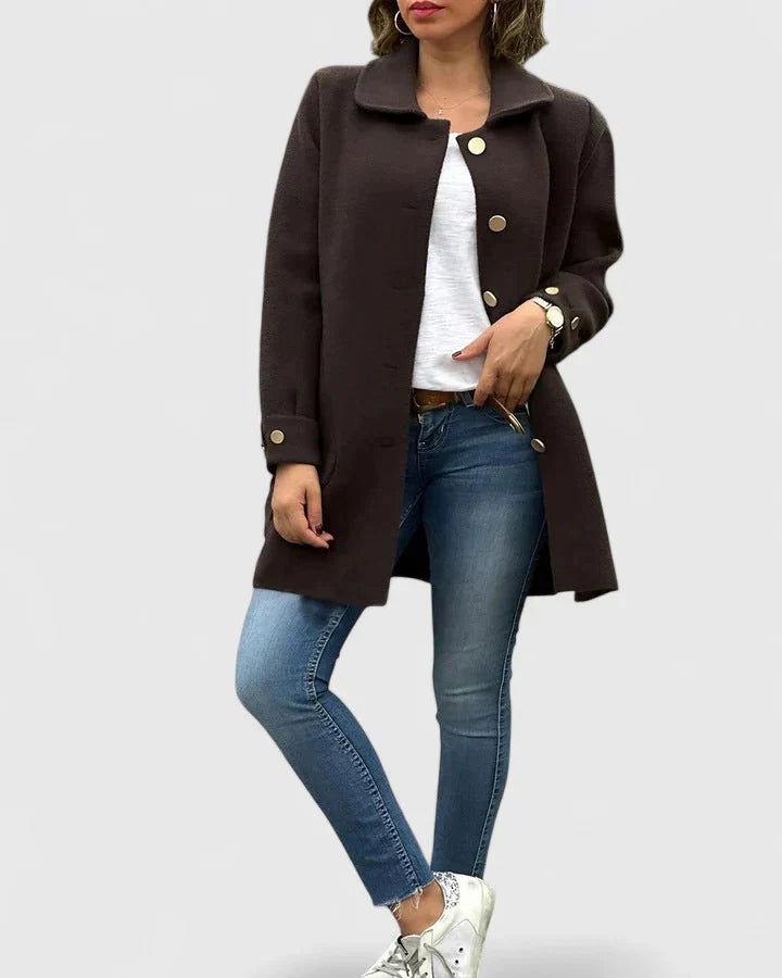 Brown wool-blend coat with notched collar, button front and patch pockets