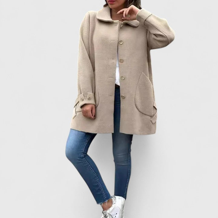 Khaki wool-blend coat with notched collar, button front and patch pockets