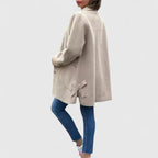 Khaki wool-blend coat back view with notched collar and patch pockets