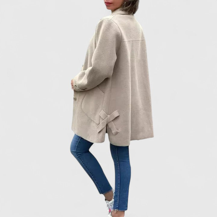 Khaki wool-blend coat back view with notched collar and patch pockets