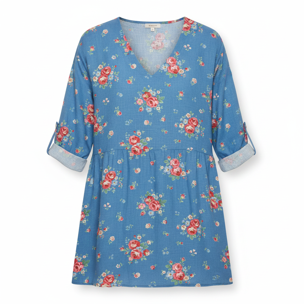 Blue floral tunic blouse with V-neck, elbow-length sleeves, and gathered waist.