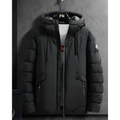 Men's winter parka in black, full-zip, hood with drawcords, two chest flap pockets