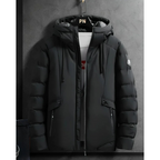 Men's winter parka in black, full-zip, hood with drawcords, two chest flap pockets
