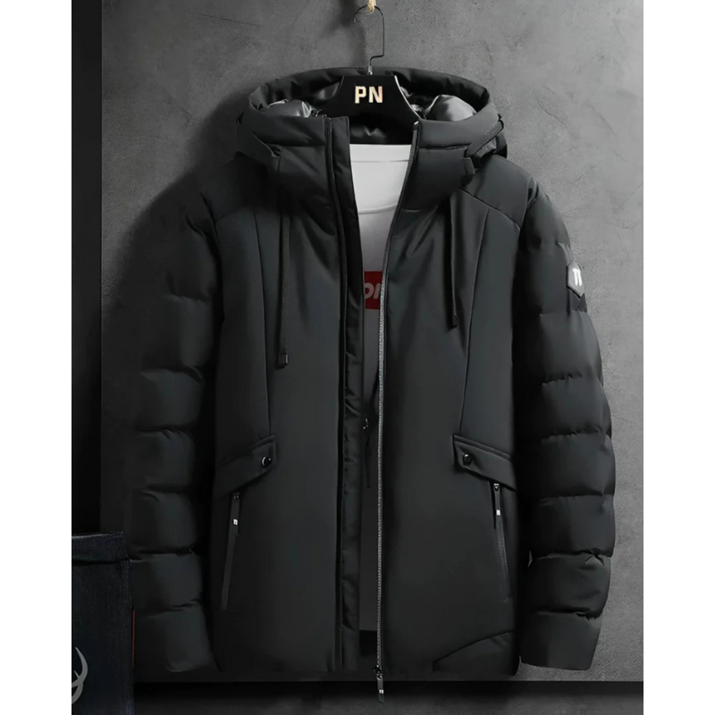 Men's winter parka in black, full-zip, hood with drawcords, two chest flap pockets