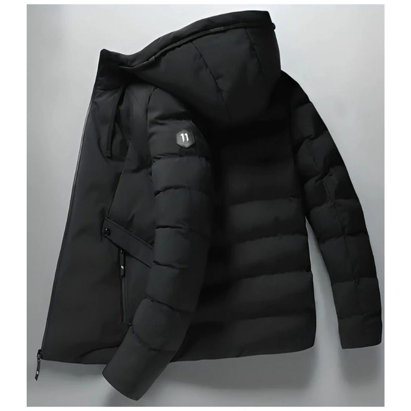 Men's winter parka in black, hooded puffer style, angled zip pocket on sleeve