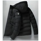 Men's winter parka in black, hooded puffer style, angled zip pocket on sleeve