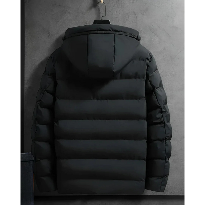 Men's winter parka in black, full-hood back view, quilted puffer insulation