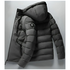 Men's winter parka in gray, hooded puffer jacket, side zip pocket detail