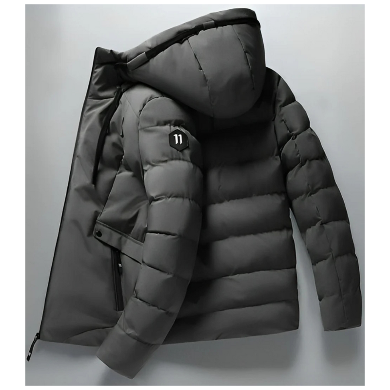 Men's winter parka in gray, hooded puffer jacket, side zip pocket detail