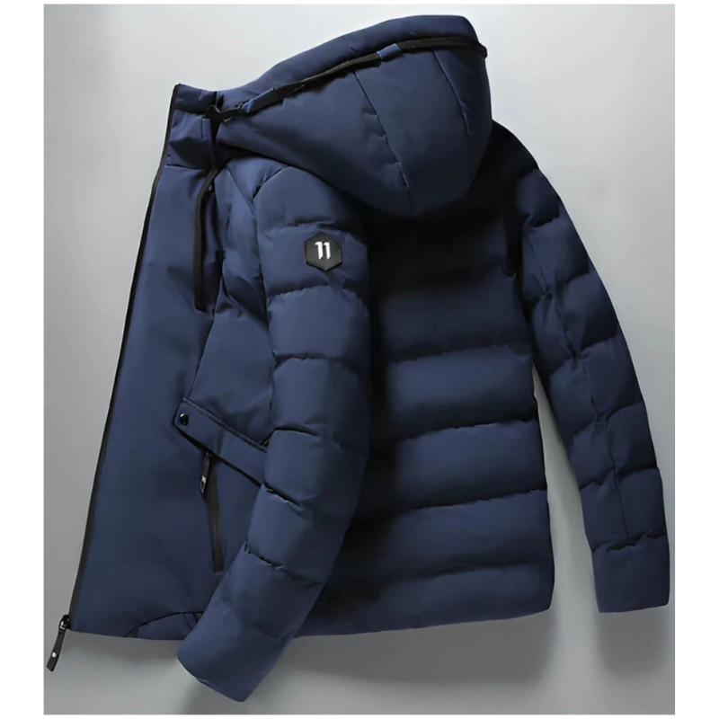 Men's winter parka in blue, hooded puffer back view with side zip pocket