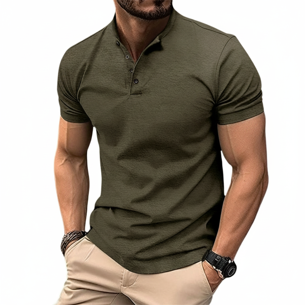 Dark green men's cotton polo shirt, buttoned placket, short sleeves, knit collar