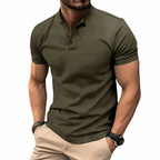 Dark green men's cotton polo shirt, buttoned placket, short sleeves, knit collar