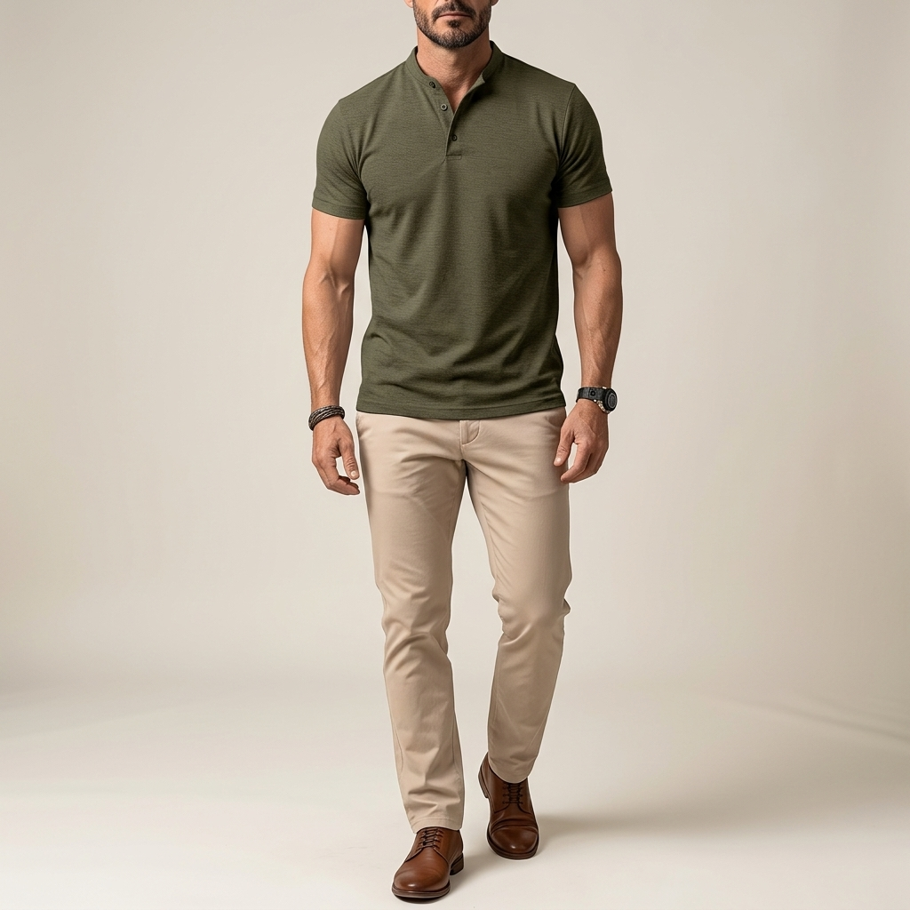 Men's short-sleeve cotton polo shirt, olive green, button placket, regular fit