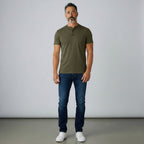 Olive green men's cotton polo shirt, knit collar and three-button placket, short sleeves