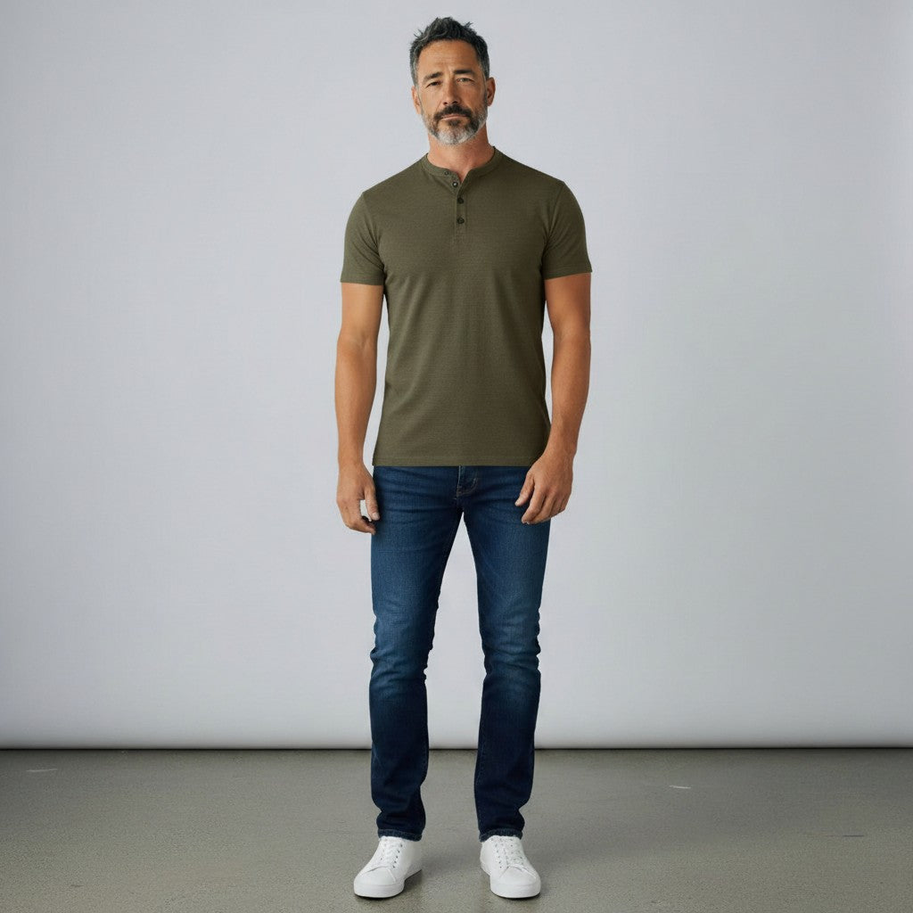 Olive green men's cotton polo shirt, knit collar and three-button placket, short sleeves