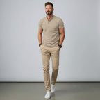 Khaki men's cotton polo shirt, buttoned placket and collar, short sleeves