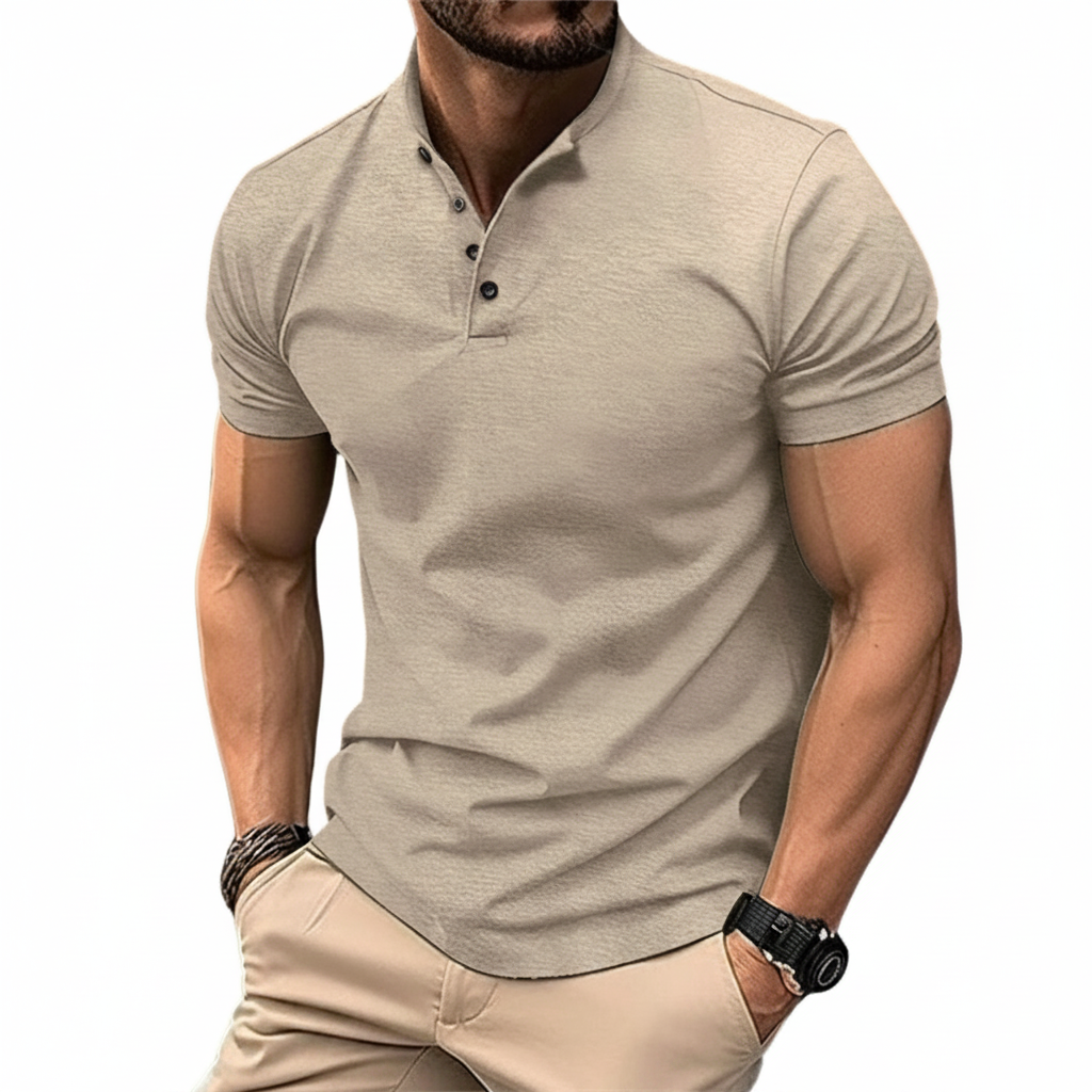 Khaki men's cotton polo shirt, short sleeves with buttoned placket and collar