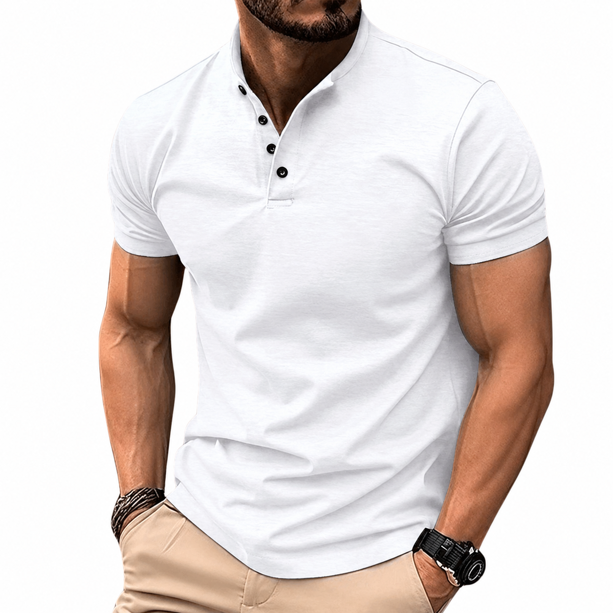 White men's cotton polo shirt, knit collar and buttoned placket, short sleeves