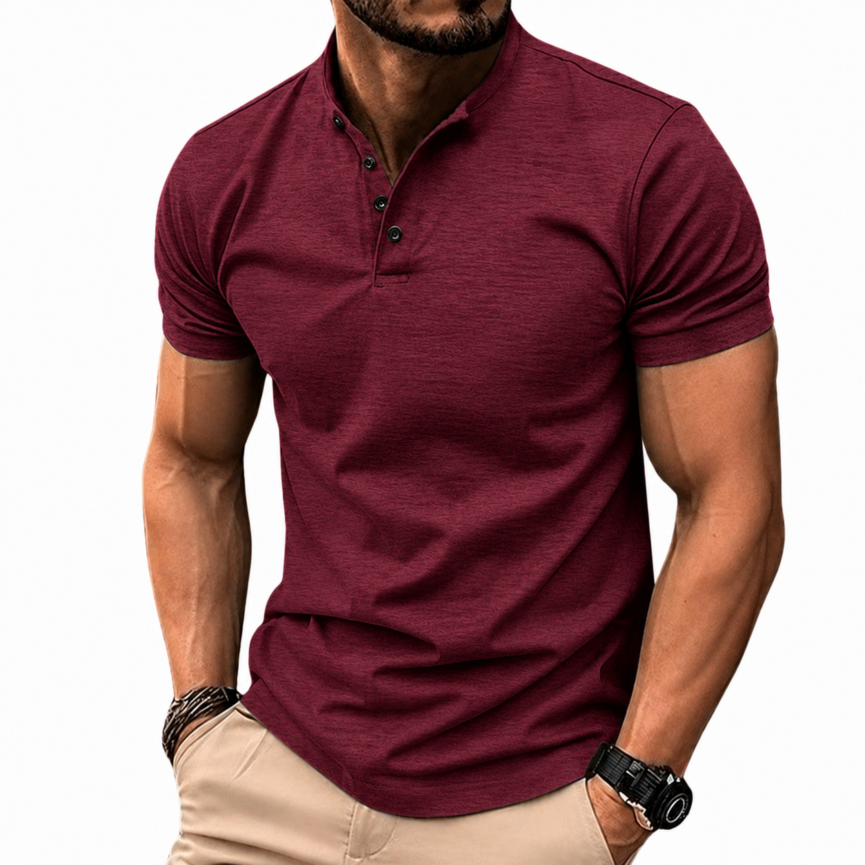 Burgundy men's cotton polo shirt, buttoned placket and collar, short sleeves